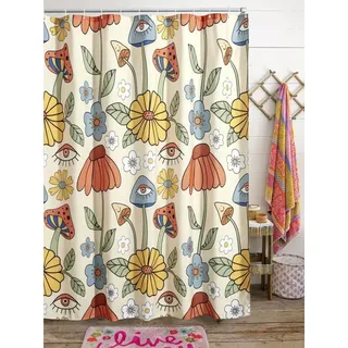 Duschvorhang Im Retro-stil Der 70er – Psychedelisches Blumenmuster – Gelb Und Orange – Ausgefallene Pilze, Blumen Und Augen – Vintage-hippie-stil – Dekoration