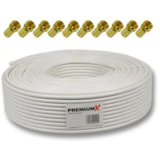 Premium X PremiumX 50m BASIC Koaxialkabel 135dB 4-fach SAT Antennenkabel Koaxkabel RG6 10x F-Stecker