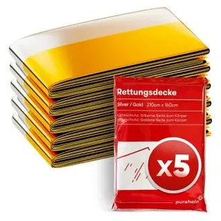 purahelp PURAHELP® Rettungsdecke [5 Stück, Hitze- und Kälteschutz, 210 x 160cm