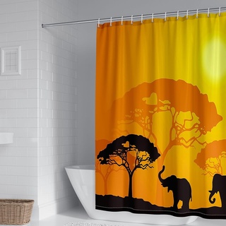 Duschrollo für Badewanne, Duschvorhang Edel Orange Schwarz Polyester Bäume und Elefanten Eleganter Duschvorhang 165X180cm