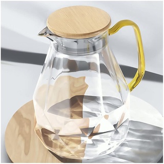 DUJUST Glaskaraffe mit Bambus Deckel 2 Liter, Wasserkaraffe im Modernen Diamant Design, Glaskrug mit Griff für Fruchteinsatz, langlebig Hitzebeständig Wasserkrug für Eistee/Milch/Kaffee