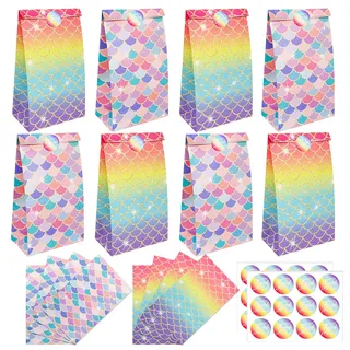 PHOGARY Meerjungfrau Geschenktütchen Mitgebsel Tüten Geschenktüten Kindergeburtstag Geburtstag Party - 24 Mermaid Partytüten + 24 Sticker Papiertüten Geburtstagstüten Kinder Geschenktüten Papier