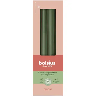 Bolsius Glatte Spitzkerzen - Metallic Grün - Set 4 Stück im Karton - 24,5 cm - Dekorative Haushaltkerzen - Brenndauer 7 Stunden - Unparfümierte - Natürliches Pflanzenwachts - Ohne Palmöl