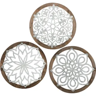 Vintage-wanddeko Aus Holz – 3er-pack Handgefertigte Runde Skulpturen – Hängender Schnitzschmuck