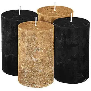 Rustikale Kerzen, schwarz-metallic/gold-metallic, 10 x 6 cm, 4 Stück