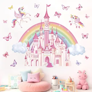 wondever Wandtattoo Regenbogen Schloss Wandsticker Einhorn Prinzessin | Abziehen und Aufkleben, Abziehbar, Wandaufkleber Selbstklebend für Kinderzimmer Mädchen Babyzimmer Mädchenzimmer Wanddeko