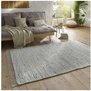 TaraCarpet Teppich Flickenteppich TaraCarpet Sylt mit Fransen, rechteckig, Höhe: 5 mm, Wohnzimmer Schlafzimmer Küchenteppich grau 120x180 grau|silberfarben 120 cm x 180 cm x 5 mm
