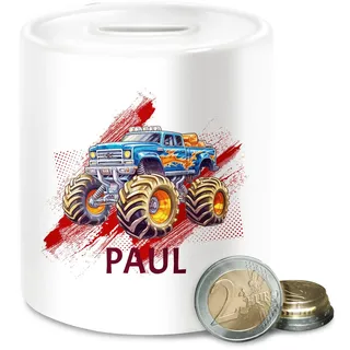 Spardose - Auto - Monstertruck mit Name | Monster Truck Personalisiert | Riesentruck - Unisize - Weiß - personalisierte Junge autospardose Cars automotiv autospardosen Autos Motiv Kinder Jungen