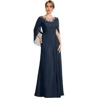 AHUFGN Brautmutterkleider for Hochzeit mit Cape Lange Spitzenapplikationen Formelle Kleider Chiffon Abendkleider(Blue 2,18W)