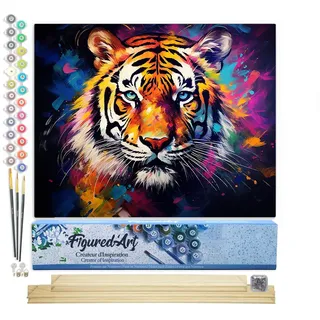 Figured'Art Malen Nach Zahlen Erwachsene Mit Rahmen Tiger Farbenfroh Abstrakt - Paint by Numbers Basteln DIY Bastelset 40x50cm Mit Keilrahmen (nicht gespannt)