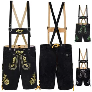 German Wear Trachtenlederhose GW721 kurze Trachten Lederhose mit Hosenträger Trachtenhose Schwarz gelb 50/M