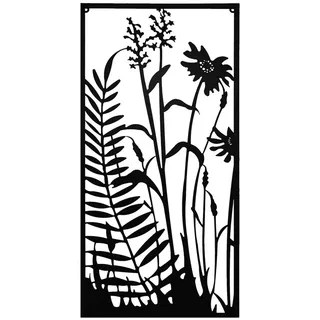 UNUS HOME Dekohänger Metallbild Farn & Blumen (120x60cm), Wanddeko innen außen Aufhängehaken schwarz