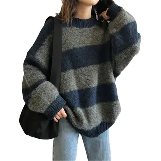 Frauen Oversized Dünner Pullover Vintage Streifen Lose Pullover Streetwear Herbst Strickpullover, blau, One size - Einheitsgröße