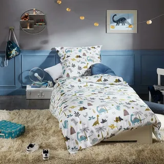 Lorena Mako-Satin Bettwäsche Dino weiß 135x200 cm + 80x80 cm - weiß;bunt
