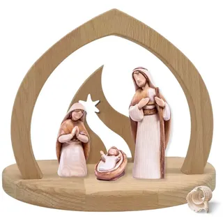 Akantus Krippe Weihnachtskrippe aus Holz: Hl. Familie (gebeizt) mit Familienstall, holzgeschnitzt, handbemalt, Ahornholz, Made in Südtirol 20 cm