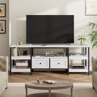 Niwugady TV-Schrank, Industrial Möbel Lowboard für Fernseher bis zu 85 Zoll, 200 cm Lang, Fernsehtisch mit 2 Schubladen, 5 Offenen Fächern, 200 x 40 x 65cm, Wohnzimmer, Stahlgestell, Weiß ﻿