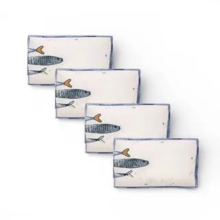 Teller im mediterranen Design mit Sardinen-Motiv 2.0 | Maritime Speiseteller, Suppenteller, Dessertteller, Servierplatten, Bowls - robust, Steinzeug, glattes Finish (4er Set Servierplatte (25x 15cm))