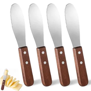 Fibraze 4 Stk Edelstahl Buttermesser Buttermesser Klein mit Holzgriff | Butter Applikator mit Wellenschliff & Schlitz für Butter, Käse, Sahne, Sandwiches und Gewürze 19 cm