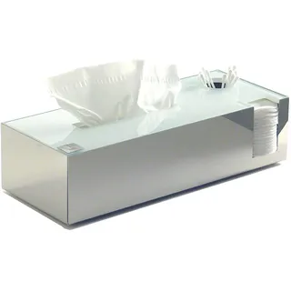 Schönbeck Tissuebox Kombibox aus Edelstahl & Glas – Kosmetiktücherbox, Wattepadhalter, Wattestäbchenhalter – Bad Organizer & Aufbewahrung – Design Box – Made in Germany (Poliert/Weiß)