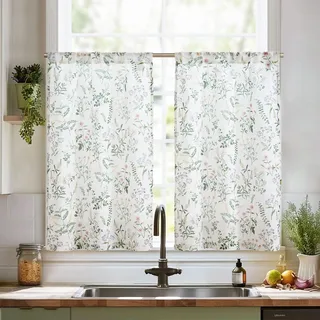 TOPICK Scheibengardinen Blumen Bistrogardine für Wohnzimmer Kinderzimme Küche Leinen Küchenvorhänge Landhausstil Halbtransparent Blätter Küchengardinen Tunnelzug 65B x 60H cm 2er Set Grün auf Weiß