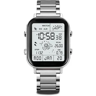 Herren Digitaluhr, Wasserdichte Armbanduhr mit Edelstahlarmband, Quadratische LED Armbanduhr mit Hintergrundbeleuchtung, Schrittzähler, Sportuhr für Draußen und Drinnen