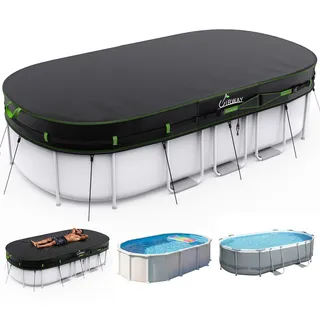 UIRWAY 160 x 260 cm Poolabdeckung für ovale Pools, 420D Winterabdeckung, UV-beständige Poolplane mit Kordelzug und Bodenankern, wetterfest und reißfest
