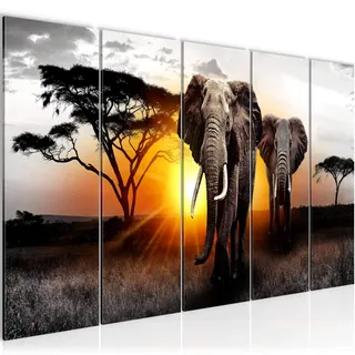 Runa Art Wandbild XXL Afrika Elefant Wohnzimmer Schlafzimmer 200 x 80 cm Grau Orange 5 Teilig - Made in Germany - 007655a