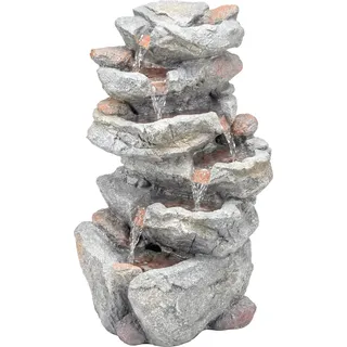 Outsunny 6-stufiger Gartenbrunnen - Zen-Gartendekor in Naturstein-Optik aus Kunstharz - 53 cm LED-Wasserfall für Terrasse, Balkon und Außenbereich, Grau   Aosom