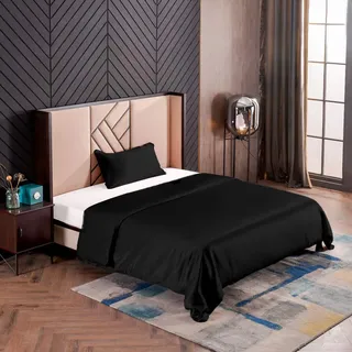 THXSILK Seidenbettwäsche Set 2 teilig, Bettbezug 155 x 220 cm und 40 x 80 cm Kissenbezug, Hypoallergen 19 Momme Maulbeerseide Bettwäsche, Ultra Weich und Glatt, Schwarz