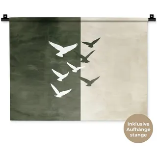 MuchoWow Wandteppich Japandi - Vogel - Grün, Rechteckig, Höhe: 3 mm, Wanddeko Teppich Wohnzimmer, Schlafzimmer, 60x45 cm beige|grün Rechteckig | 60 cm x 45 cm x 3 mm