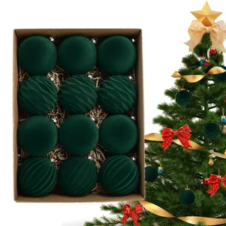 Niktule Weihnachtskugel,weihnachtskugeln samt,12 Stück beflockte Anhänger Kugelornamente,Grüne Kugelornamente für den Weihnachtsbaum,Luxuriöses Design,saisonale Dekoration für Verlobungen,Jubiläen