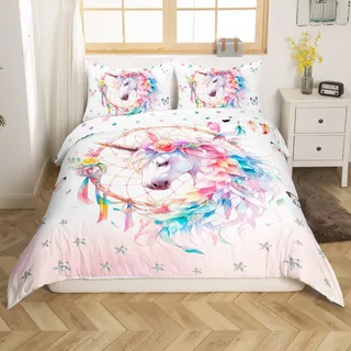 Manfei Einhorn Kinder Bettbezug Set S Größe,Traumfänger Feder Boho Prinzessin Bettwäsche Frauen Silber Sterne Schmetterling Romantische Tröster Abdeckung,Rosa verträumte Quilt Cover,1 Kissenbezug