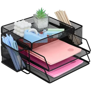 ideallife Stapelbare Briefablage aus Metall, Schwarz Schreibtisch Organizer mit 2 Dokumentenablage und 2 Stiftehalter, Mesh Schreibtischablage für A4 Dokument, Büroablage, Postkörbe