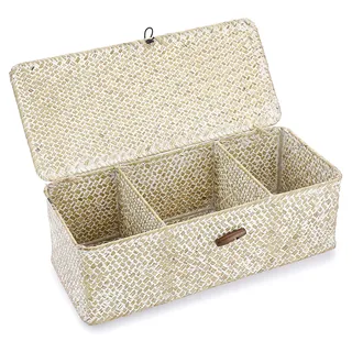 SUMNACON Seegras Aufbewahrungsbox mit Deckel Natürliches Seegrakorb 3 Fächern Gewebter Rattanbox Multifunktional Regalkorb Rechteckig Geflochtener korb im Wohn Teetisch Schlaf Bade Café Hotel Weiß
