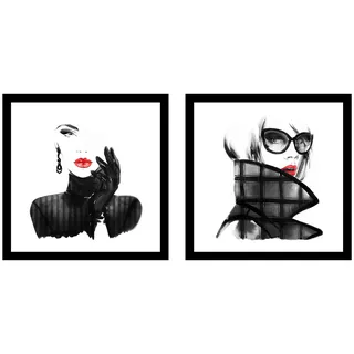 levandeo 2er Set Wandbild 20x20cm Glas Schwarz Weiß Kunstdruck Frau Rote Lippen Wanddeko Glasbild Deko Wandobjekt