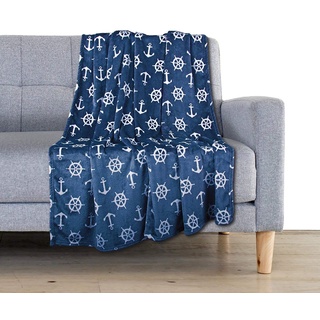 Delindo Lifestyle Kuscheldecke Nautic blau, Microfaser Fleece-Decke in 150x200 cm, flauschig weiche Maritime Wohndecke für Erwachsene und Kinder