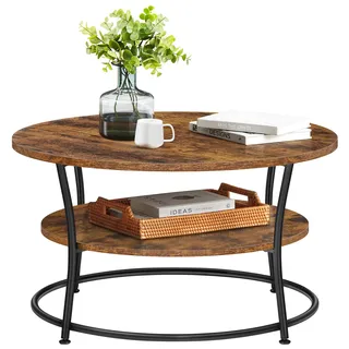 VASAGLE Couchtisch rund, Sofatisch mit Ablage, einfacher Aufbau, Metall | Wohnzimmertisch, Industrie-Design, rustikales braun-mattschwarz LCT80BX