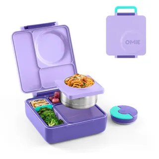 OmieBox Lunchbox (Meadow) - Bento Box mit 3 Fächern und auslaufsicher isoliertem Thermo Behälter | Brotdose für Kindergarten Kinder und Schule (Purple Plum)