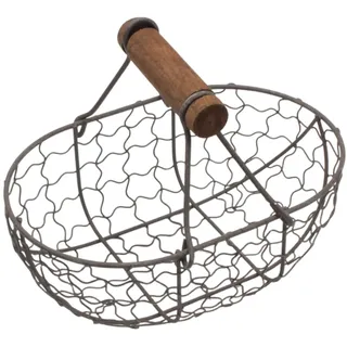 Xnferty Kleiner Drahtkorb, 7,1 Zoll Eisen-Metalldrahtkorb mit Holzgriff, Ländliche Vintage-Form, Garten-Erntekorb, Ovaler Aufbewahrungskorb Zum Sammeln von Hühnereiern, Drahtkorb für(Schwarz)
