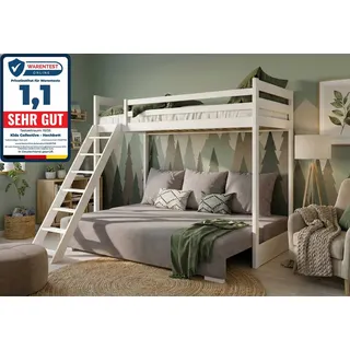 Kids Collective Hochbett 90x200 cm mit Schlafsofa 140x200 cm Couch in Cord-Stoff, 3 Kissen OEKO TEX 100 mit 3 Kissen Sofa Etagenbett weiß 200x90 grau hellgrau weiß
