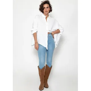 SASSYCLASSY Longbluse Oversize Musselin Bluse Damen kurz Langarm Elegant Hemdbluse lang aus Baumwolle mit V-Ausschnitt, One Size (Gr. 36-48) weiß