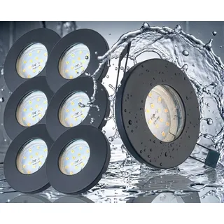 Trango 6er Set IP65 BAD Einbaustrahler 6729IP65-061-5WAK Anthrazit matt inkl. 6x 5 Watt GU10 LED Leuchtmittel 3000K warmweiß & Fassung Außen Einbauleuchte, Badleuchte, Deckenspot Dusche Deckenstrahler