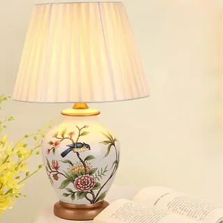 Mengjay Klassische Vintage Art Keramik Tischlampe, Vase-Like-Tuch Lesebuch-Licht Schreibtischlampe Porzellan-Antike Blumen verzierte Nacht Birne Beistelltisch Dresser (B)