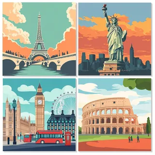TOSTOG 4 Stück Stadt Malen Nach Zahlen Erwachsene mit Rahmen Paris London Rom DIY handgemaltes Ölgemälde-Set für Erwachsene und Anfänger Perfekt für Jedermann als Geschenk(20x20CM)