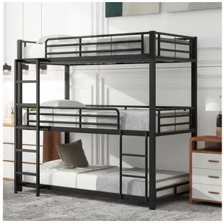 Odikalo Etagenbett Bettgestell Metallbett 90x200 mit Geländer (Dreifach-Etagenbett für Kinder, Jugendliche und Erwachsene)