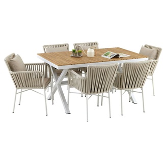 Gartenmöbel Set AFUERA aus Alu in weiß und WPC, moderne Outdoor Sitzgruppe Tischplatte in Holzoptik und Rope in champagner, inkl. Sitzkissen und ...