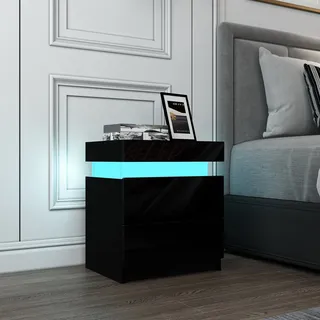 Komtopod Nachttisch mit Geheimfach,Nachttisch mit 2 Schubladen,Hochglanz Schwarz Nachtschrank mit LED-Beleuchtung,Moderner Nachttische Beistelltisch für Schlafzimmer, Wohnzimmer 45 x 35 x 52 cm