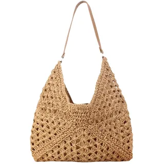 HSTWODE Stroh Strandtasche klein Damen - Korbtasche Geflochten mit leder,Boho Basttasche Netz Shopper für Reisen&Urlau (Kamel) - 33*35*1cm