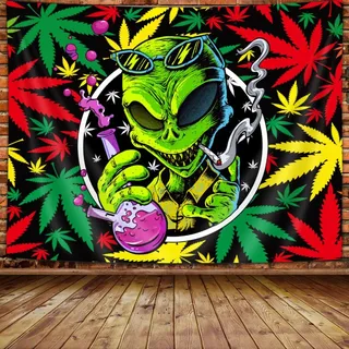 Wathon Trippy Weed Marihuana Tapisserie Cool Alien Marihuana Leaf Wandteppich für Schlafzimmer, psychedelic Tie Dye Stoner Wanddekoration, 152x101 cm