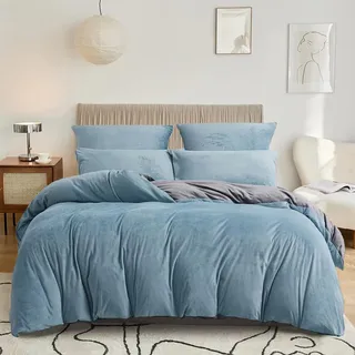 DXHOME Flauschige Bettwäsche 135x200cm Winter Plüsch Blau Hellblau Grau Flauschig Weiche Kuschelige Kuschelbettwäsche Cashmere Touch Bettbezug mit Reißverschluss + 1 Kissenbezug 80x80 cm